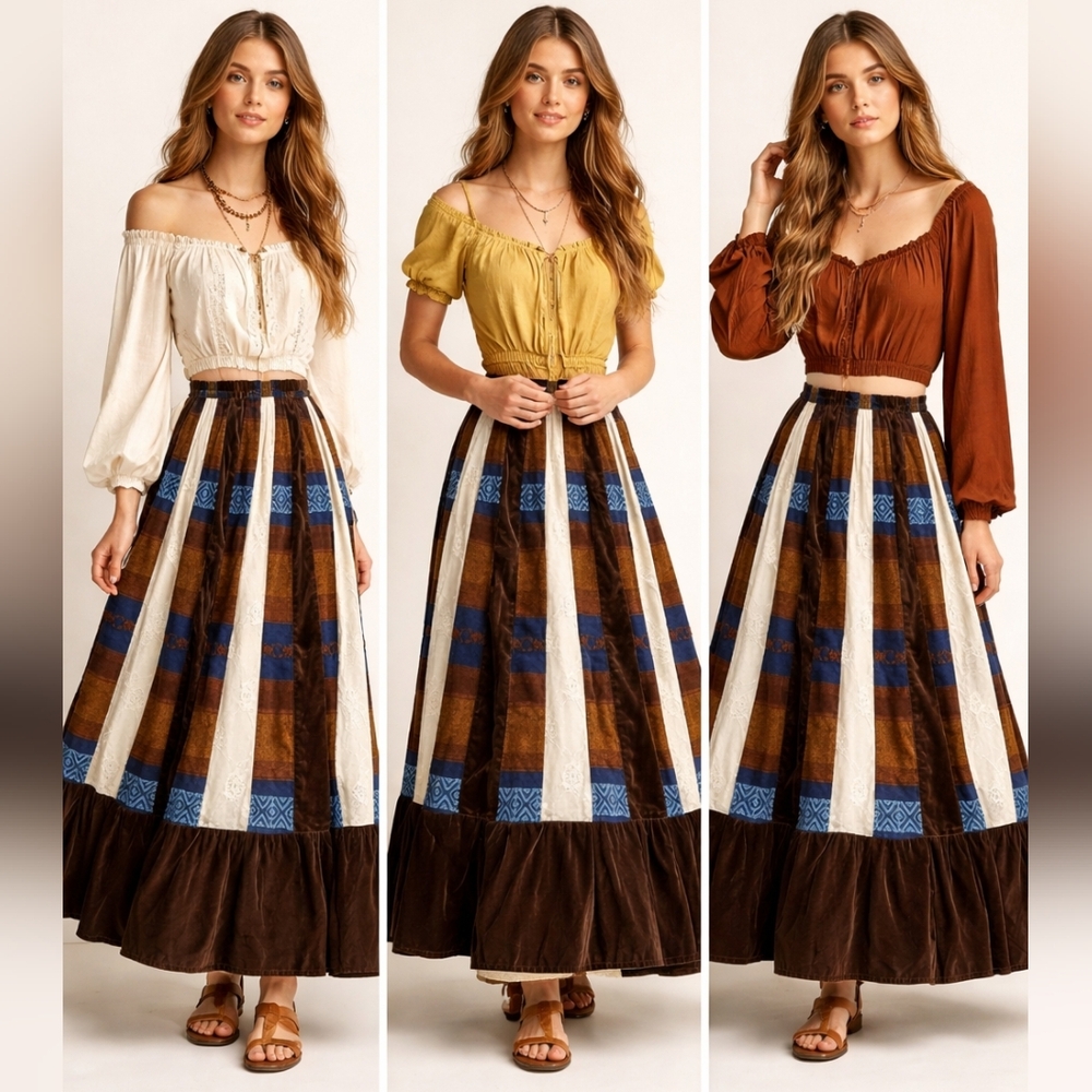 Vintage Chessa Davis velvet tapestry patchwork & lace Panels maxi skirt, M/L